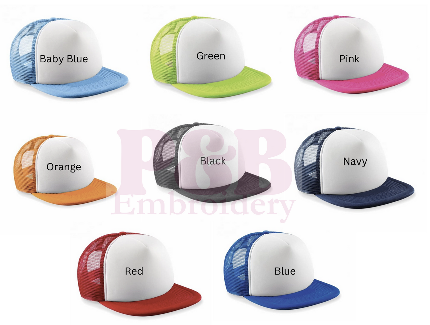 Assorted colored caps with mesh backs on a white background