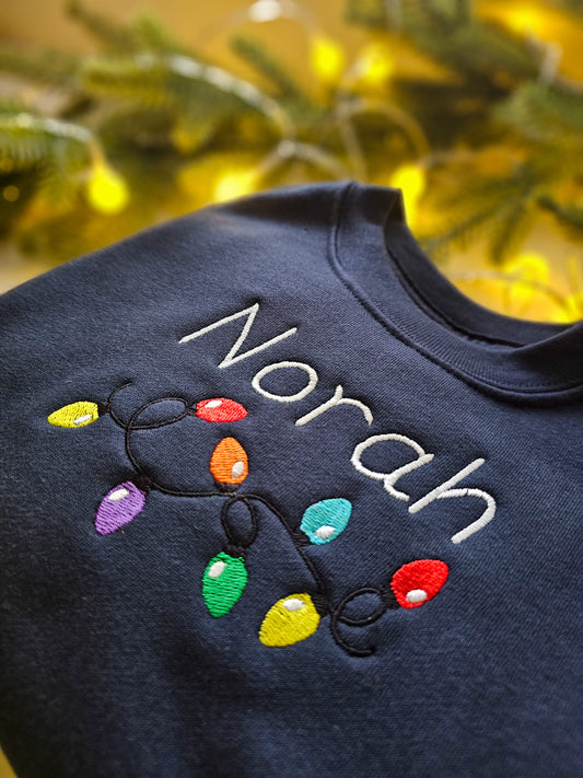Personalised Children’s Christmas Jumper | Embroidered Name & Christmas Lights | Custom Festive Gift UK