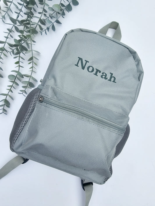 Sage green childrens back pack, personalised embroidery with name or initials, with bottle holders and adjustable straps