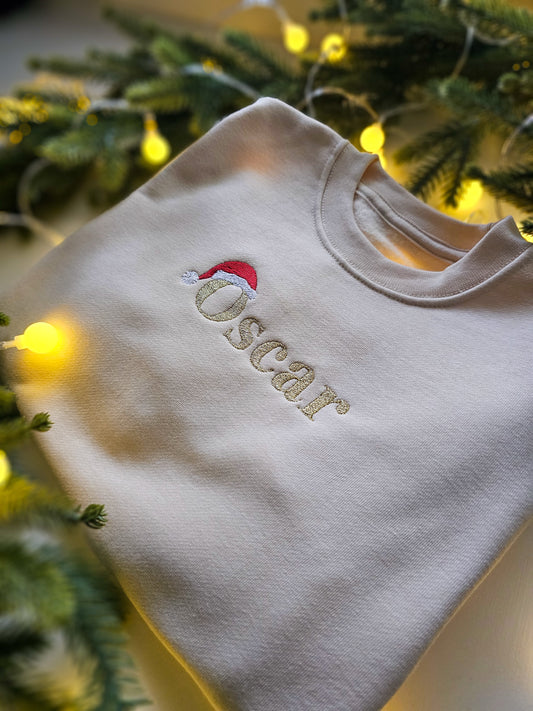 Personalised Children’s Christmas Jumper | Embroidered Name with Santa Hat | Custom Festive Jumper UK