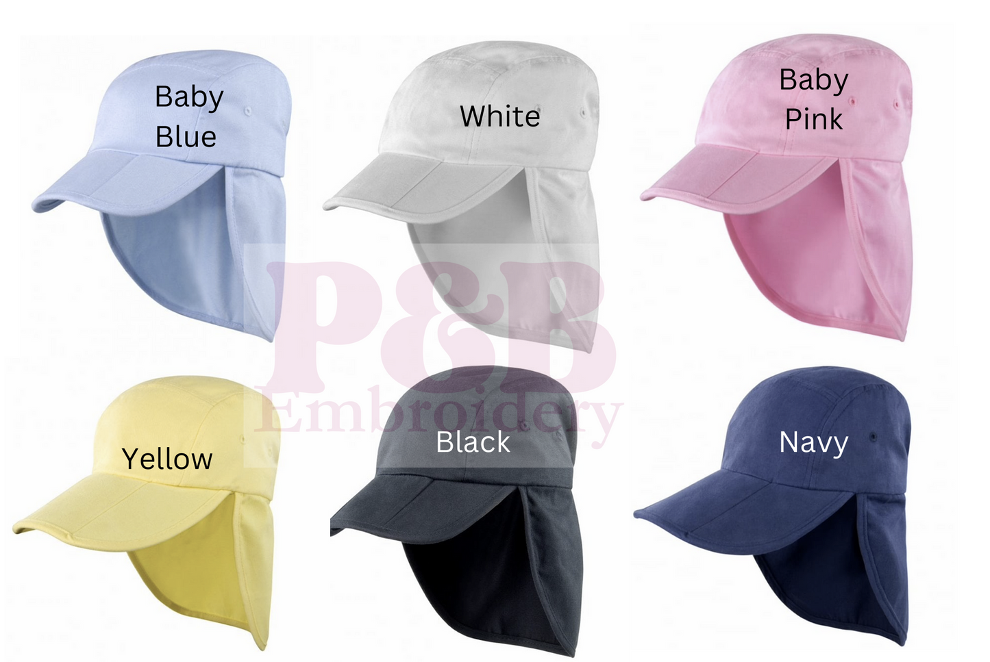 Set of six colorful caps with neck flaps in various colors on a white background.