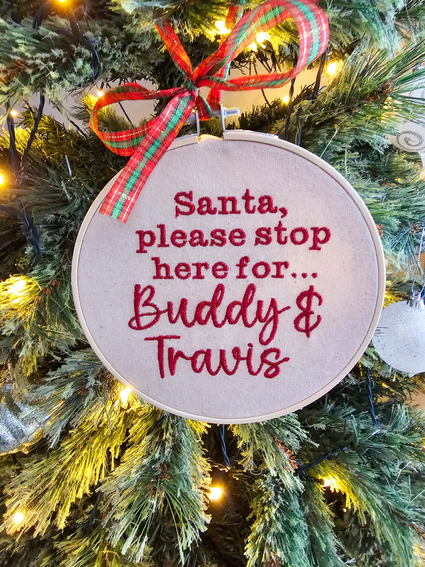 Personalised "Santa, Please Stop Here For..." Embroidered Hoop