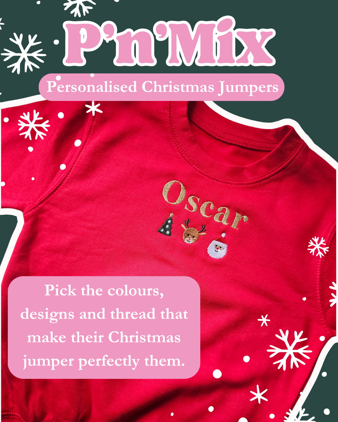 Pick ’n’ Mix Personalised Jumper | Choose Jumper & Thread Colours | Custom Embroidered Festive Designs | Gift UK