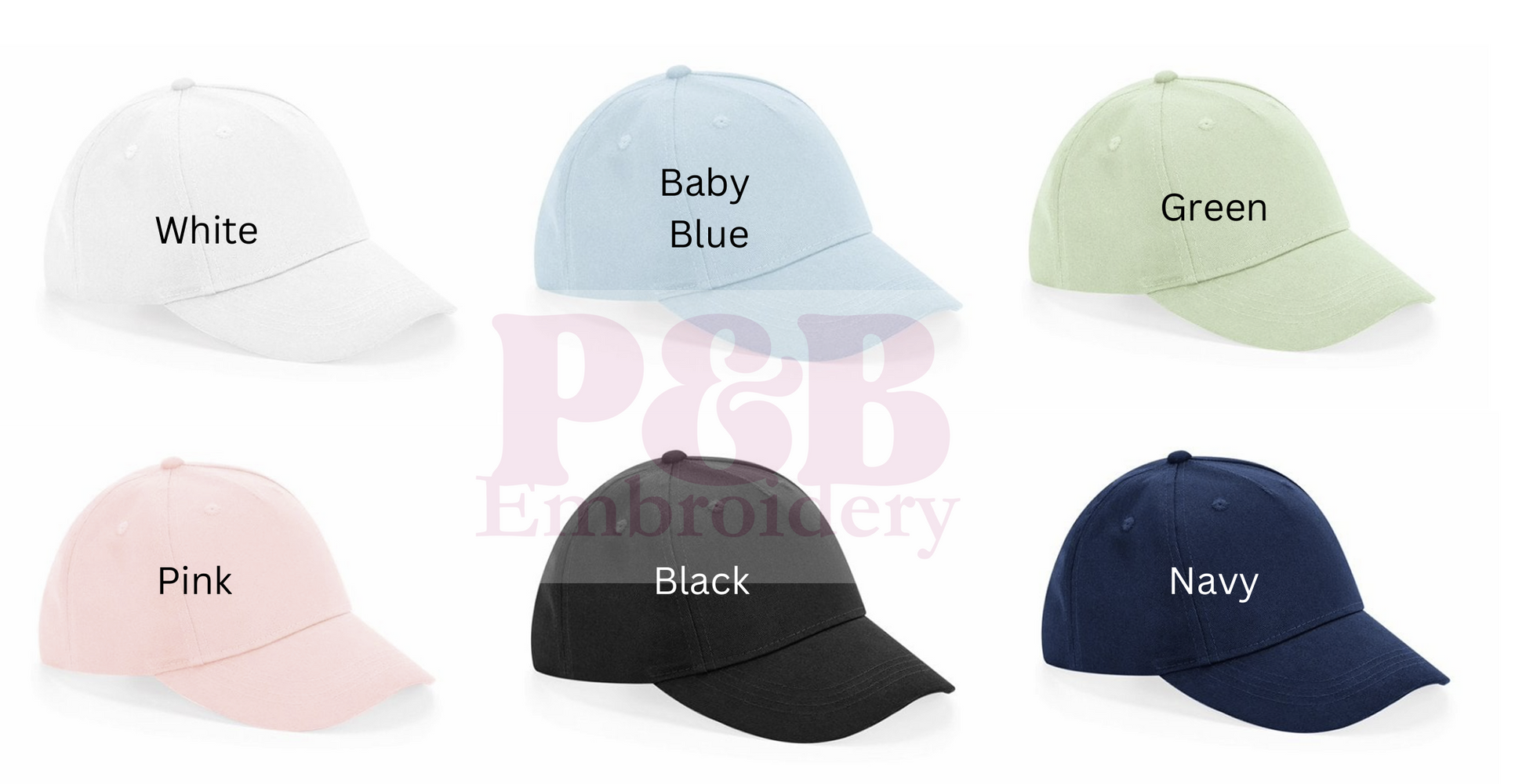 Set of six baseball caps in different colors with labels on a white background.