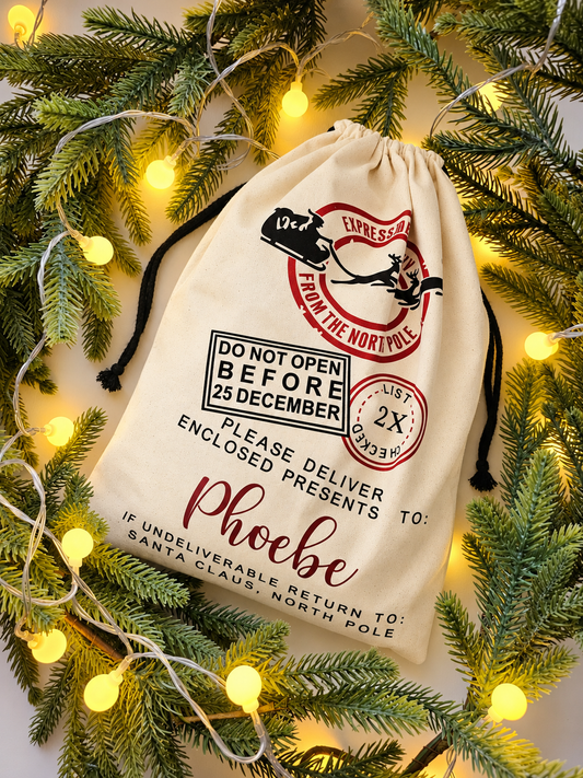 Personalised Santa Sack - 70cm x 50cm - Custom Vinyl Printed with Name