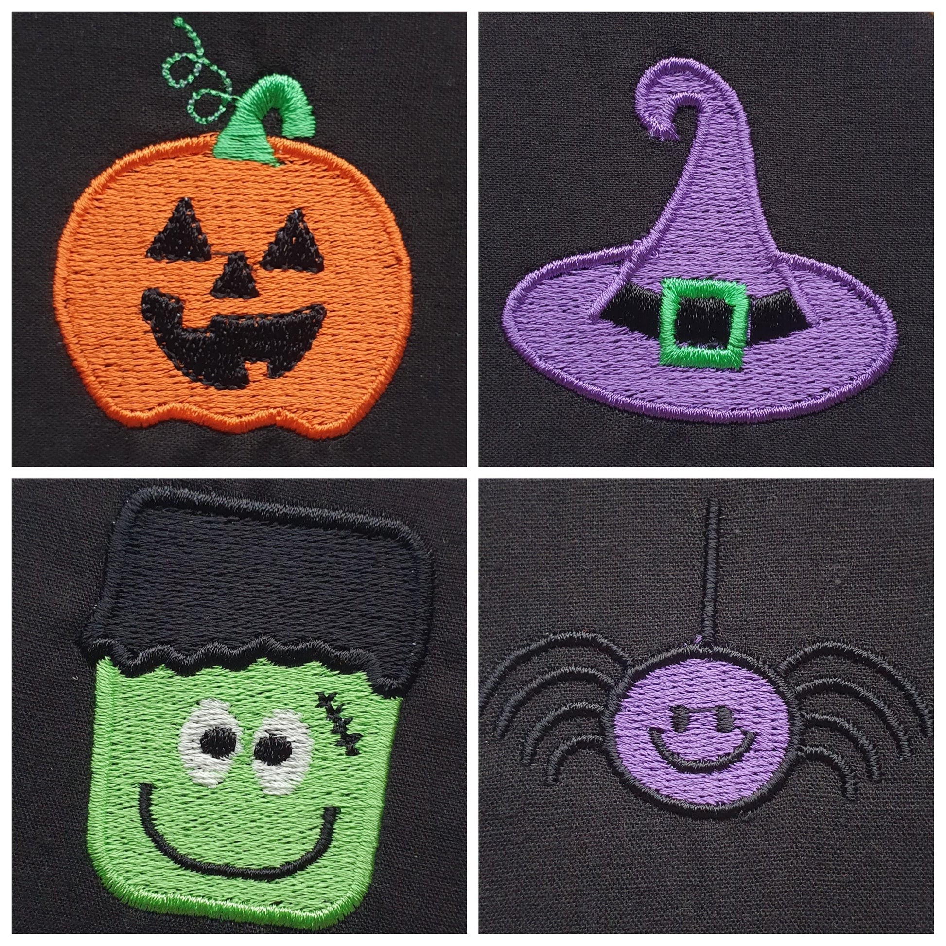 Halloween embroidery designs, pumpkin, witches hat, spider and monster