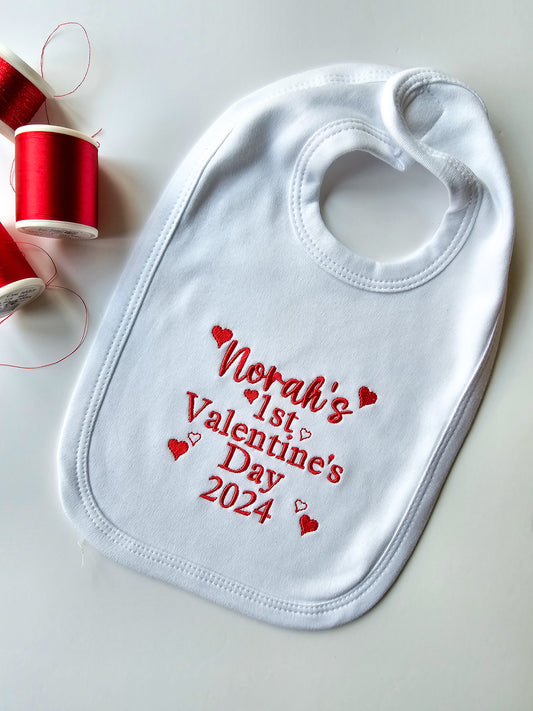 Baby's first valentines day embroidered personalised bib set