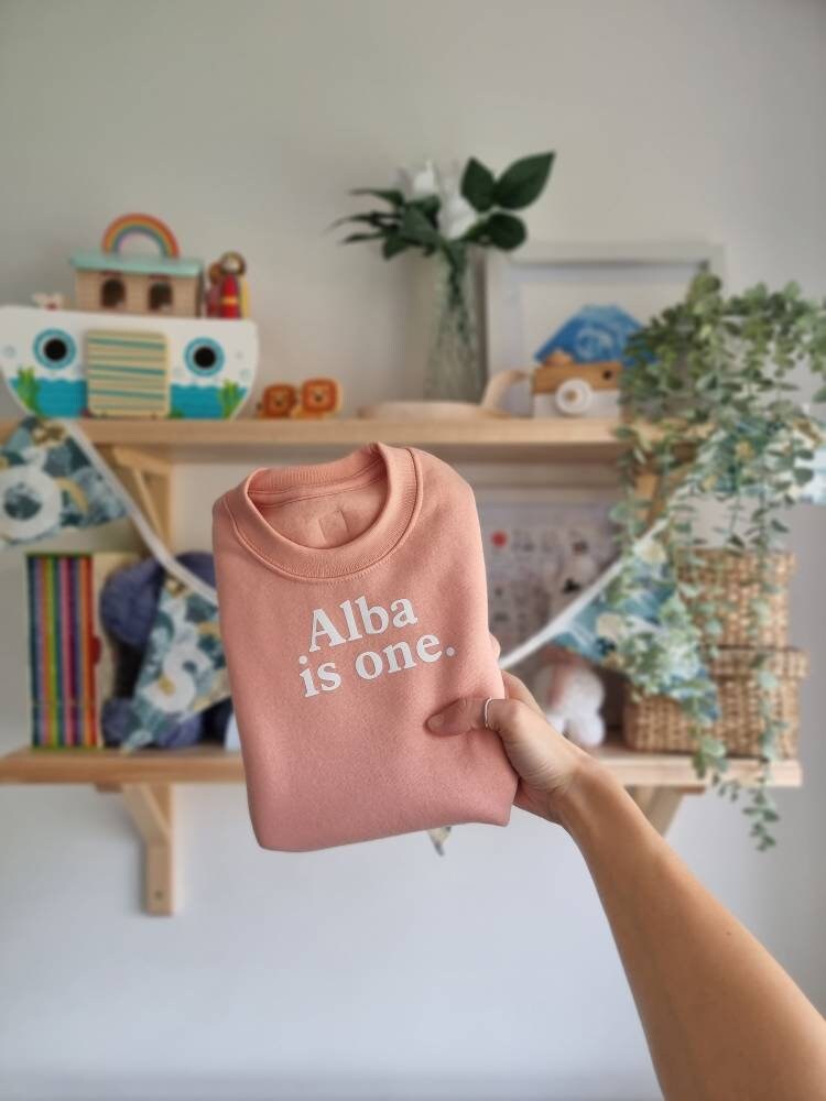 A hand holding a pink personalised birthday jumper with the text 'Alba is one!' displayed on it, in a home setting with children's toys and decorations in the background.