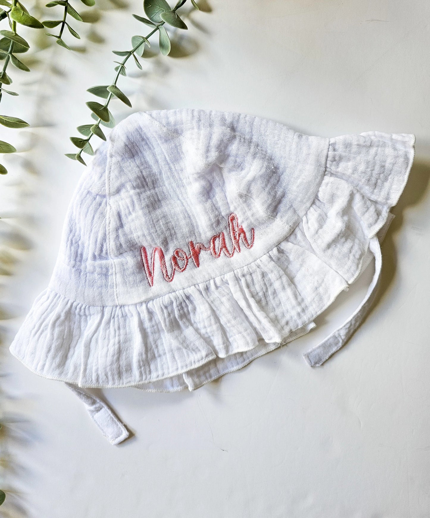 Summer bonnet, embroidered and personalised with baby's name.