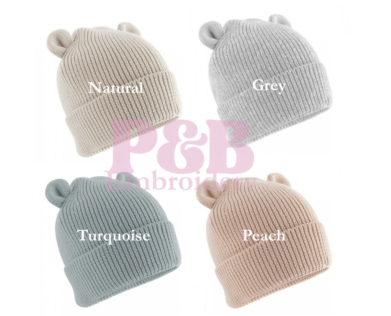 Ribbed knit baby beanie with 3D bear ears. 100% organic, x4 colours Natural, Grey,Turquoise, Peach