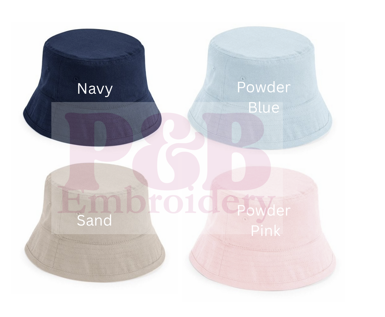 Four bucket hats in navy, powder blue, sand, and pink with labels on a white background.