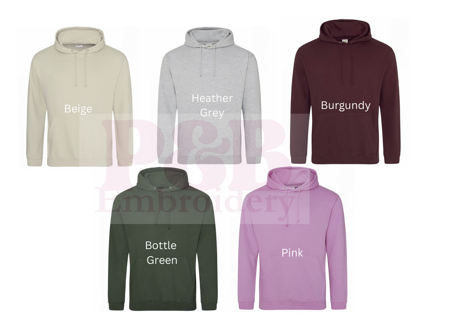 adult hoodies, beige. heather grey, burgundy, bottle green, pink, examples of colour choices for mama hoodie