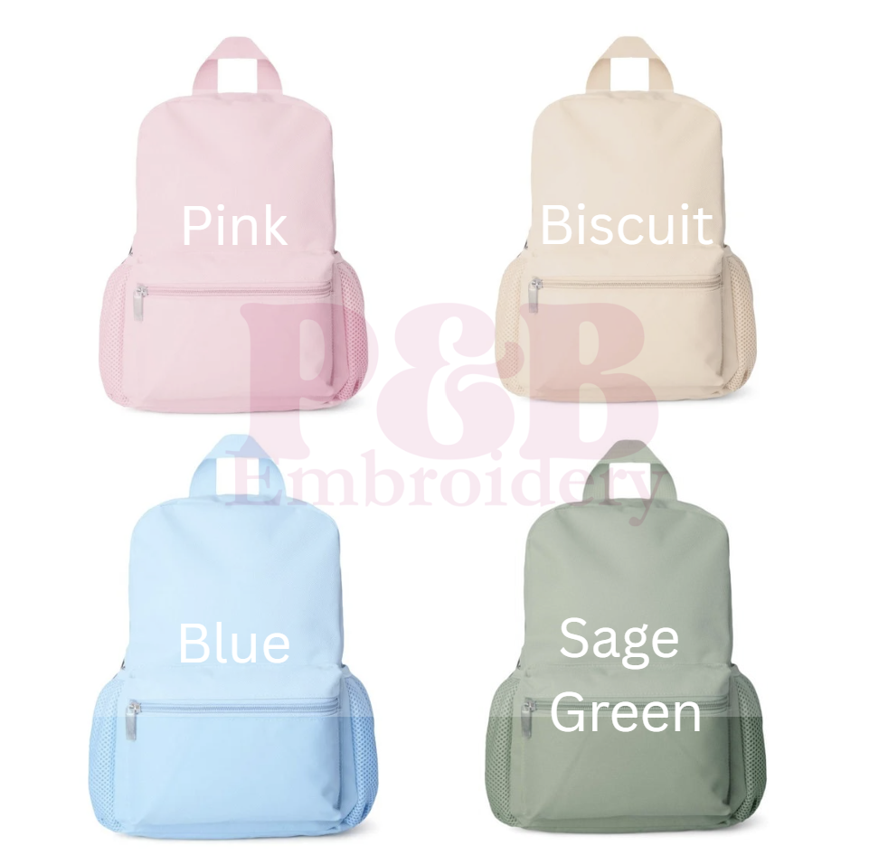 x4 coloured back packs, pink, biscuit, blue and sage green. with 2 mesh drink holders.