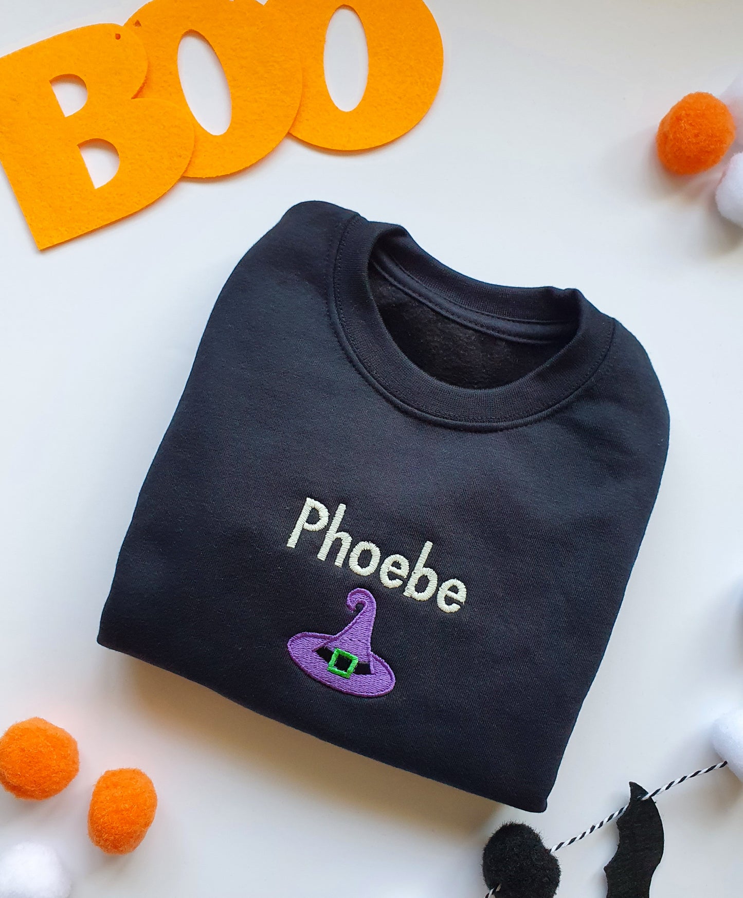 Glow in the dark embroidered halloween witches hat jumper personalised with childs name