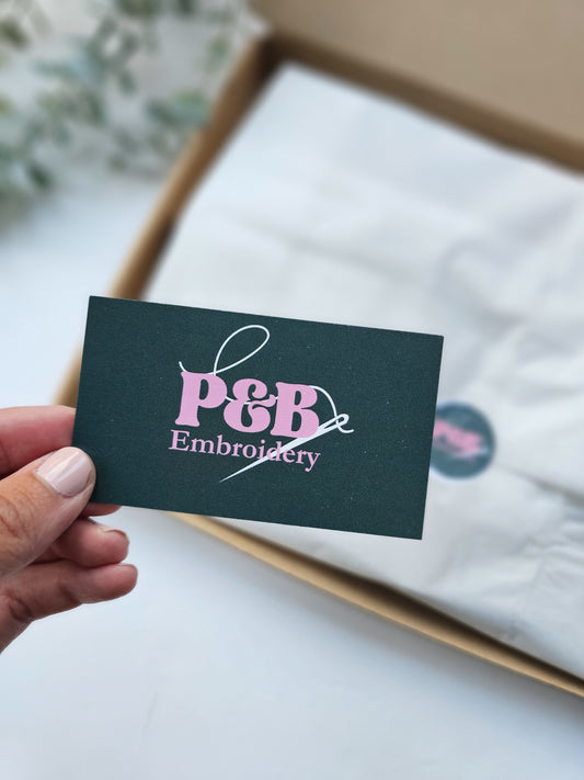 P&B Embroidery services business card and packaging