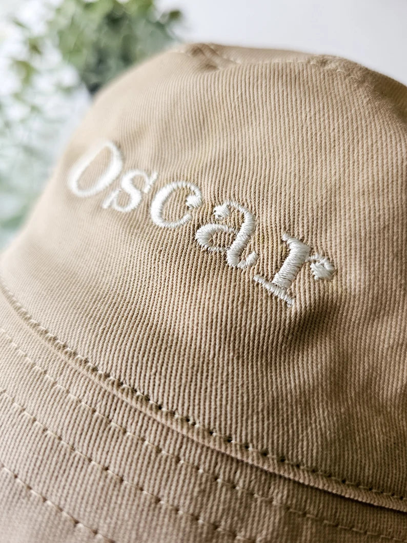 Close up of embroidered personalised childrens bucket hat
