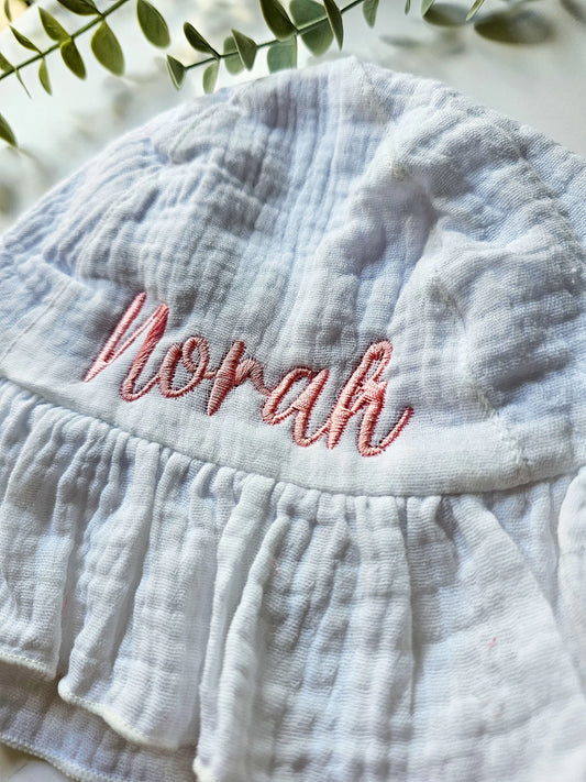 Summer bonnet, embroidered and personalised with baby's name.