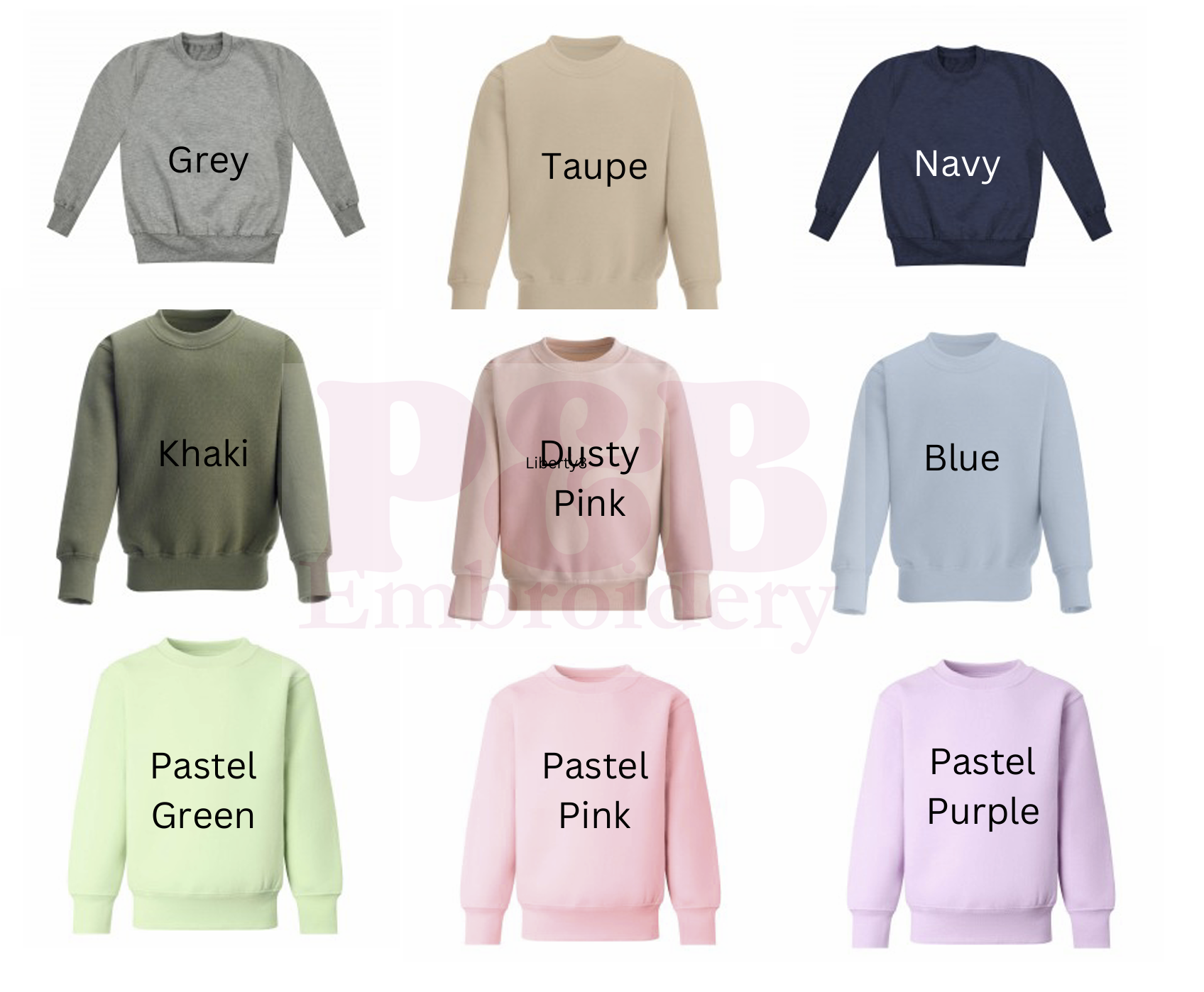 Collection of sweaters in various colors with labels on a white background