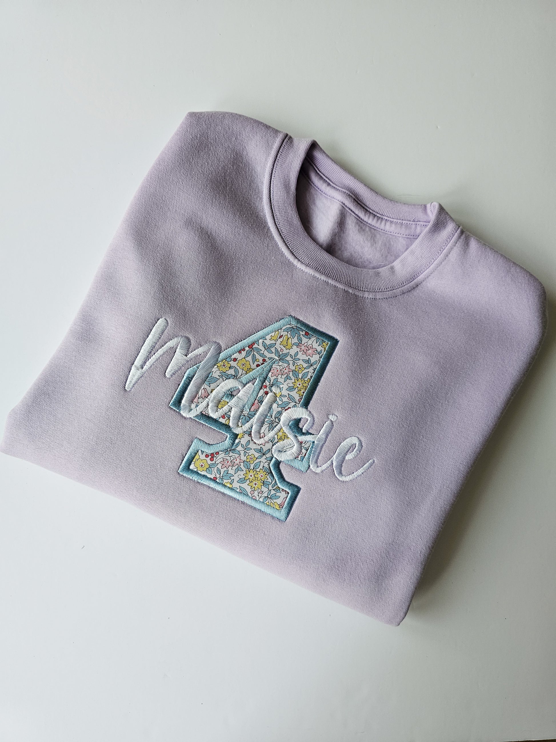 Lilac kids birthday jumper, embroidered with childs name and age