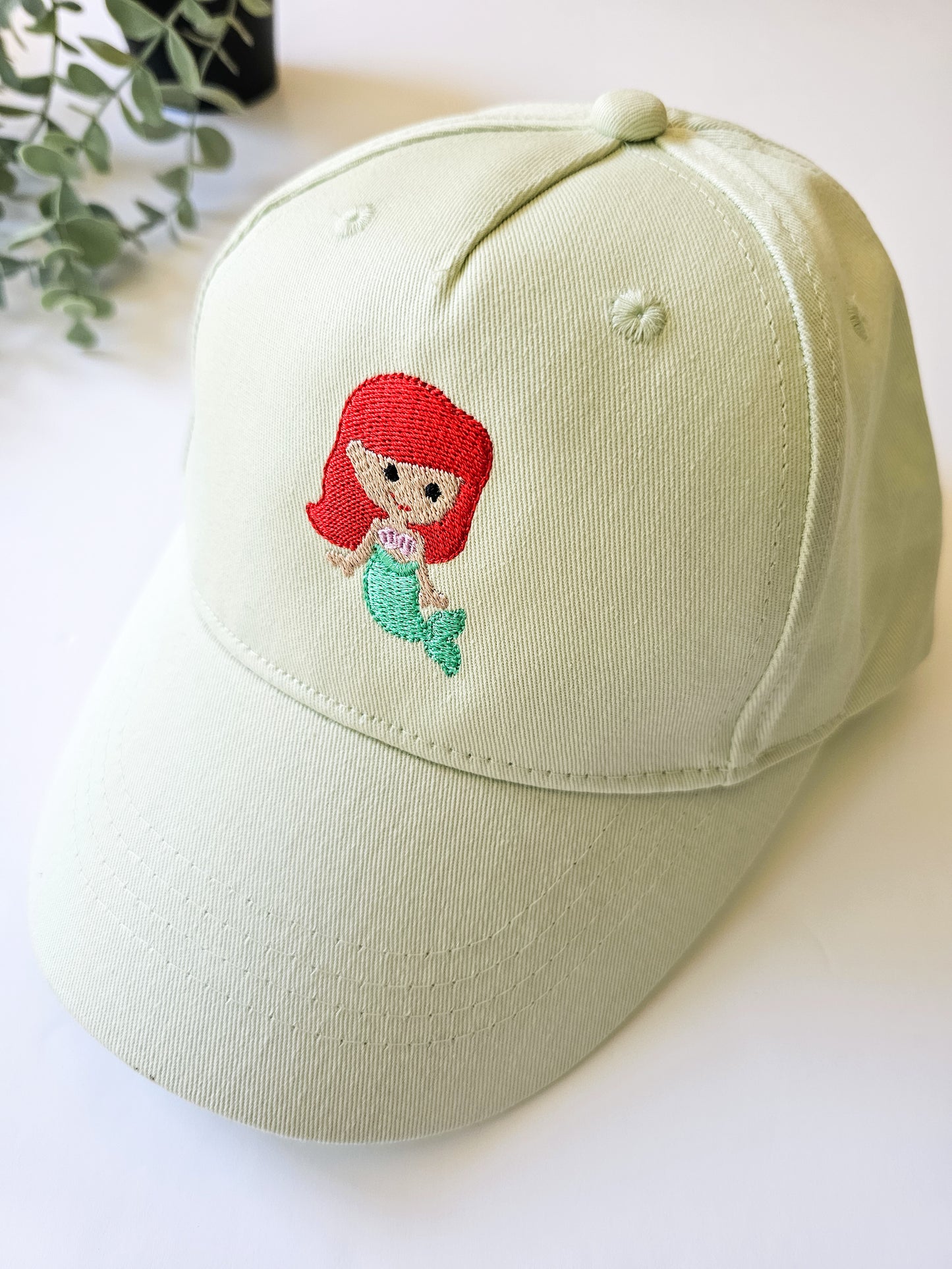 Personalised Emboridered little mermaid cap for children.