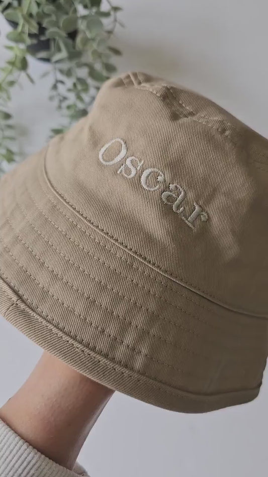 Personalised beige children's embroidered bucket hat