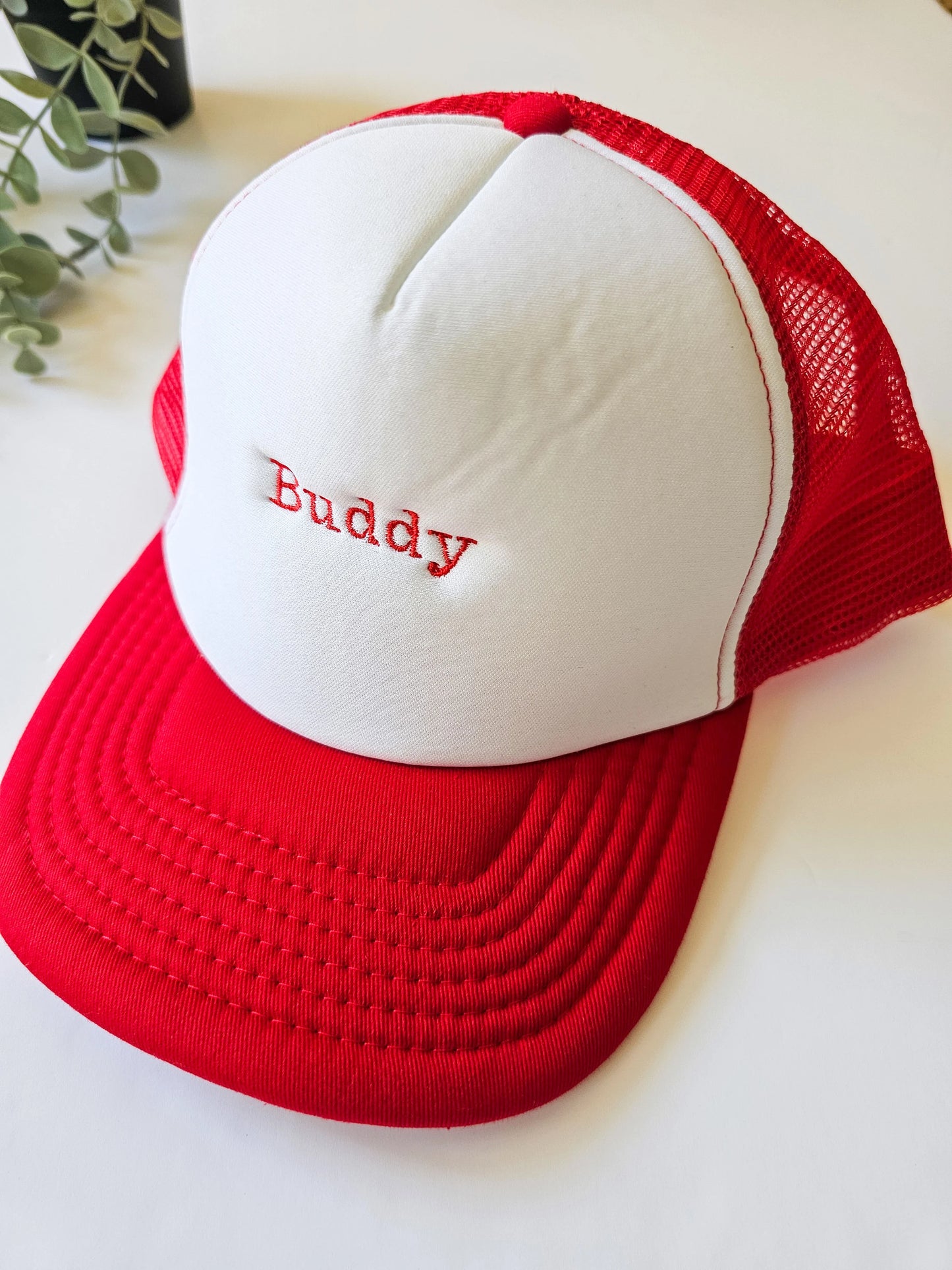 Kids personalised with embroidery red trucker mesh hat