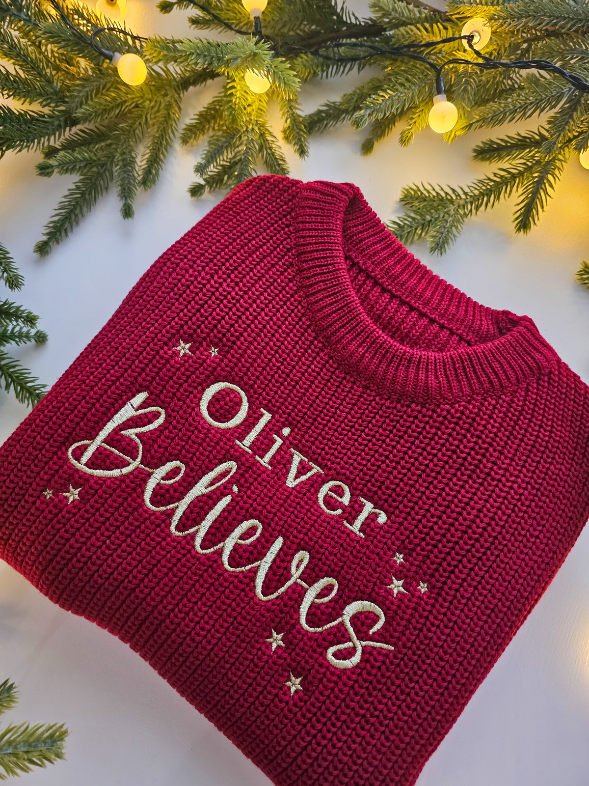 Personalised Children’s Knitted Christmas Jumper | Embroidered “Believe” | Custom Name Festive Gift UK | Christmas Gift UK