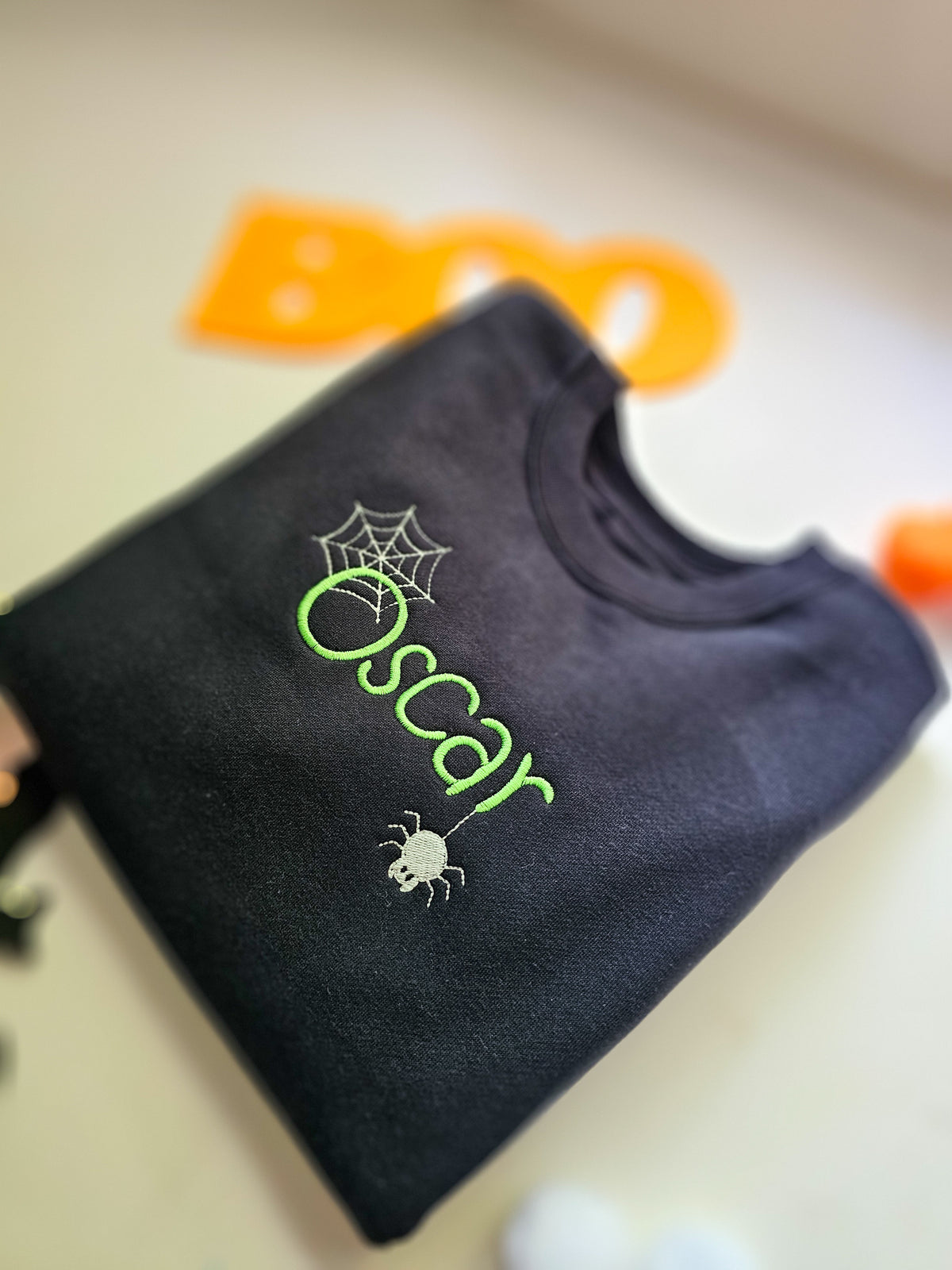 Personalised Halloween Name Jumper for Kids – Glow in the Dark Spider & Web Sweatshirt