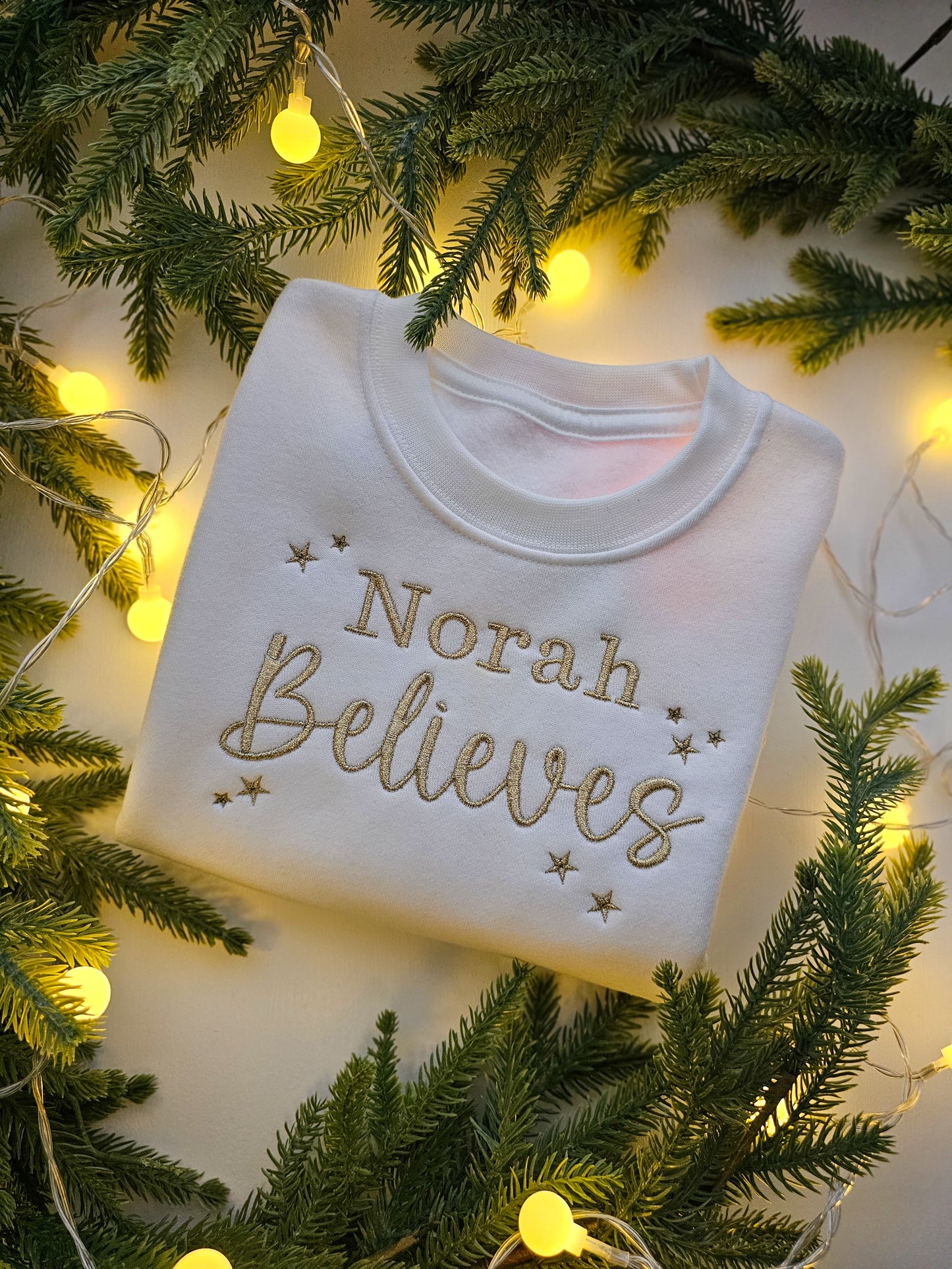 Personalised Children’s Christmas Jumper | Embroidered “Believe” Crew Neck | Custom Kids Christmas Gift UK