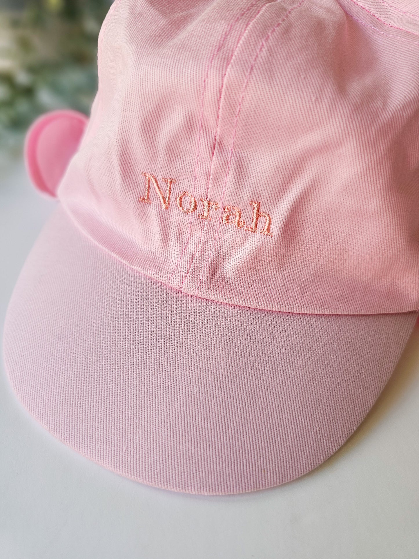 pink coloured children/toddler/baby personalised embroidered cap with child name.