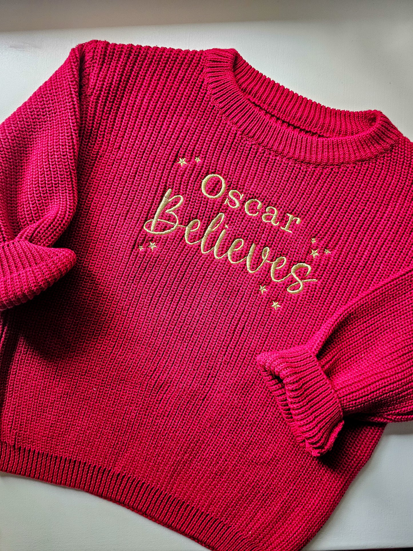 Personalised Children’s Knitted Christmas Jumper | Embroidered “Believe” | Custom Name Festive Gift UK | Christmas Gift UK