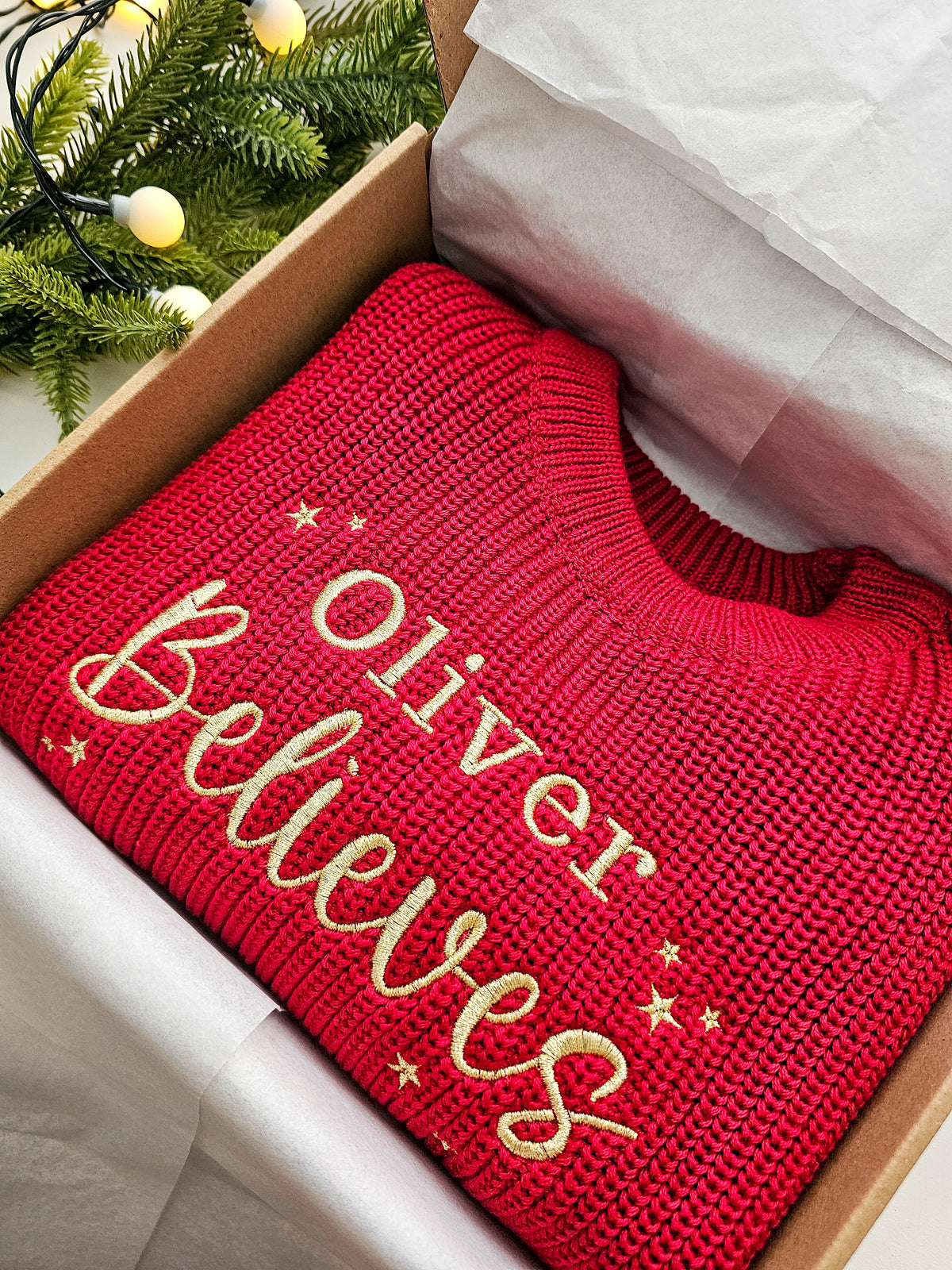 Personalised Children’s Knitted Christmas Jumper | Embroidered “Believe” | Custom Name Festive Gift UK | Christmas Gift UK