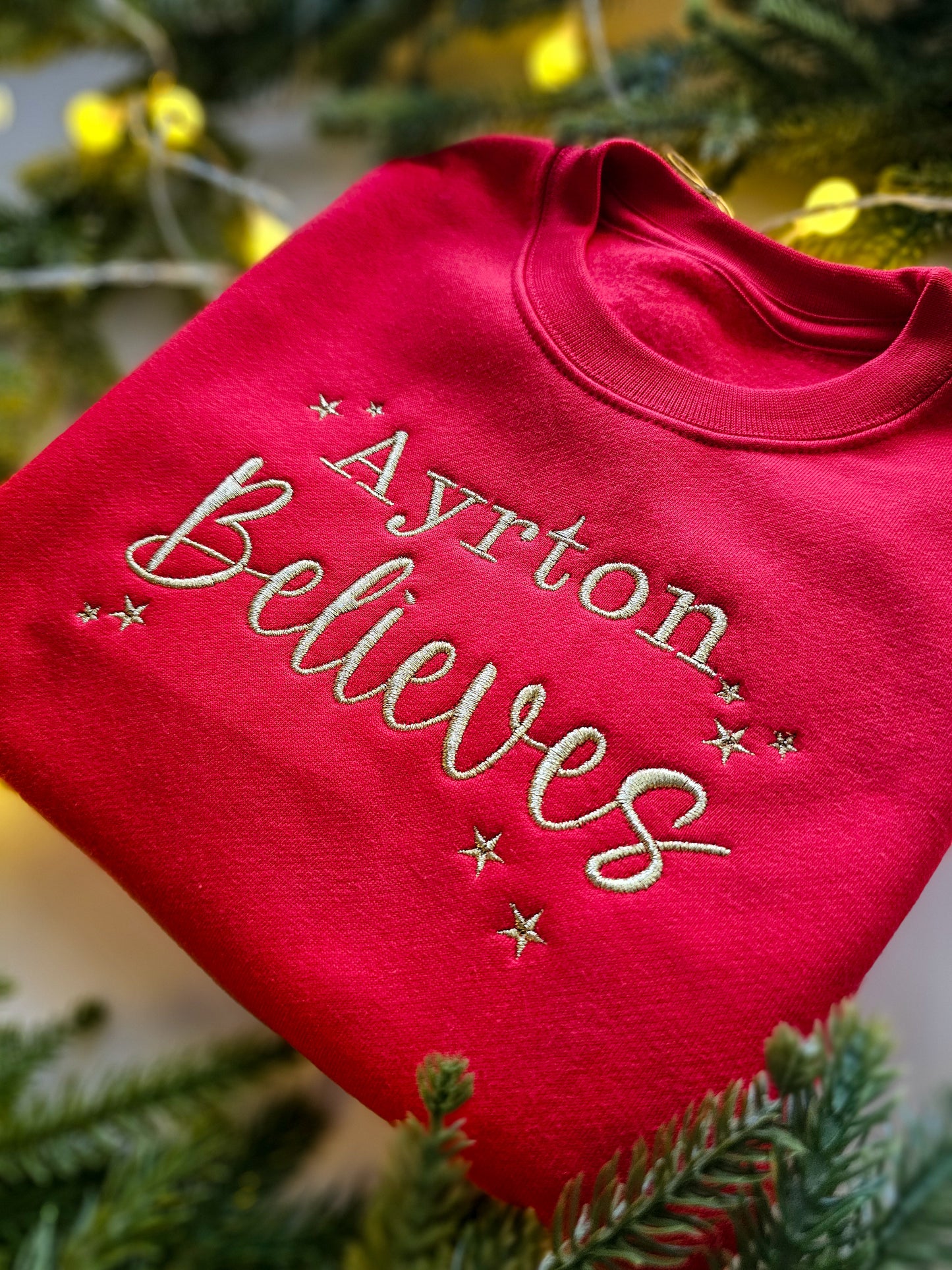 Personalised Children’s Christmas Jumper | Embroidered “Believe” Crew Neck | Custom Kids Christmas Gift UK