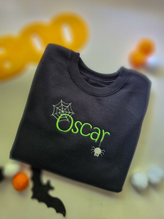Personalised Halloween Name Jumper for Kids – Glow in the Dark Spider & Web Sweatshirt