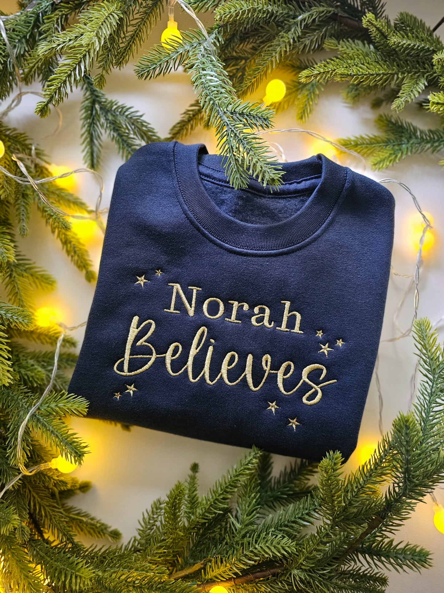 Personalised Children’s Christmas Jumper | Embroidered “Believe” Crew Neck | Custom Kids Christmas Gift UK