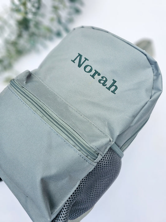 Sage Green Back pack, personalised embroidery with name or initials.