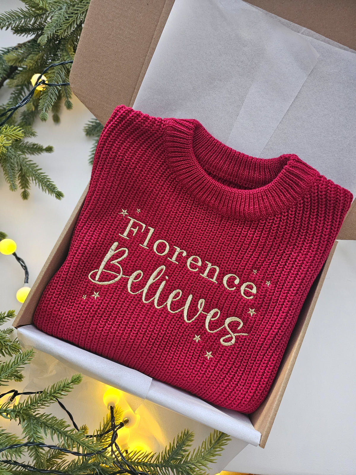 Personalised Children’s Knitted Christmas Jumper | Embroidered “Believe” | Custom Name Festive Gift UK | Christmas Gift UK