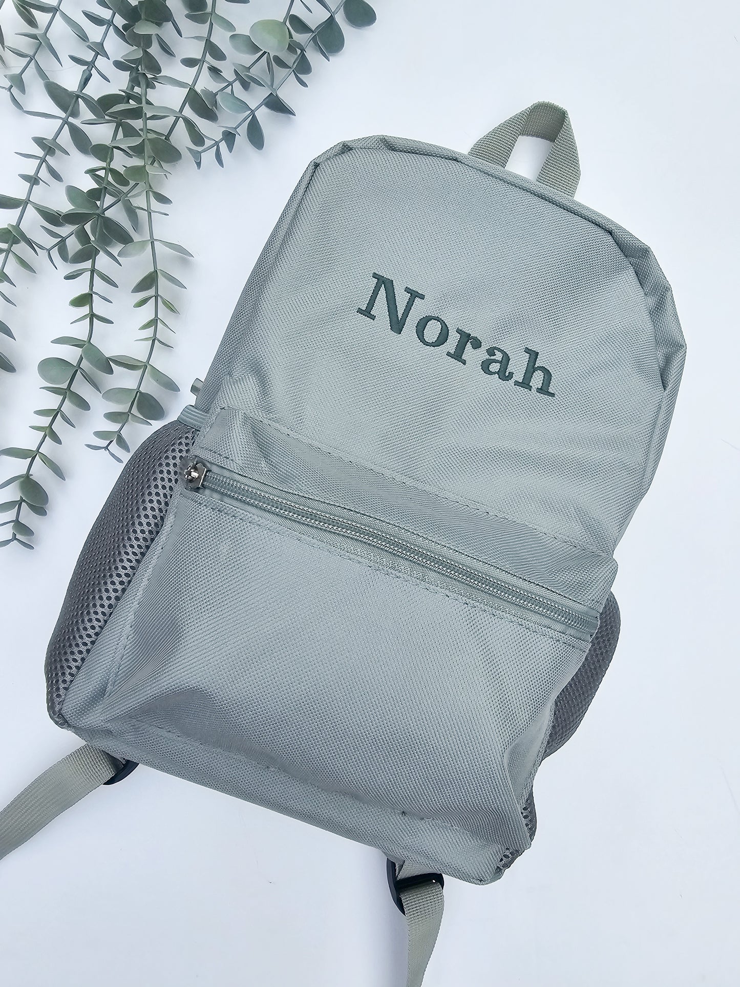 Sage green childrens back pack, personalised embroidery with name or initials, with bottle holders and adjustable straps