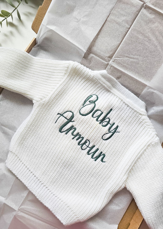 Personalised Baby Cardigan | Embroidered Name Baby Cardigan | White Knitted Newborn Cardigan | Custom Baby Name or Baby Surname | Baby Shower Gift