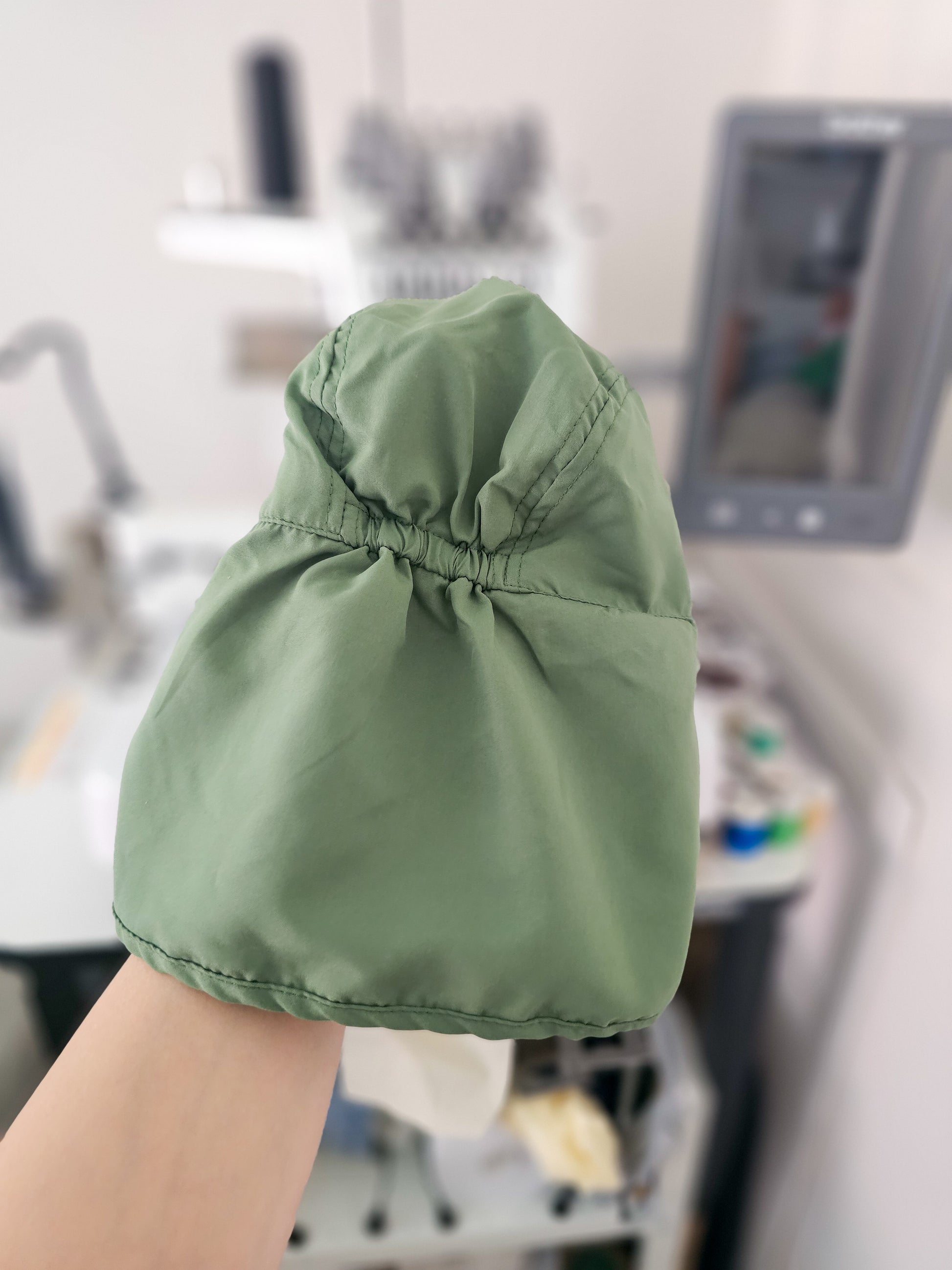 Olive coloured children/toddler/baby personalised embroidered cap with neck cover to protect from sun.