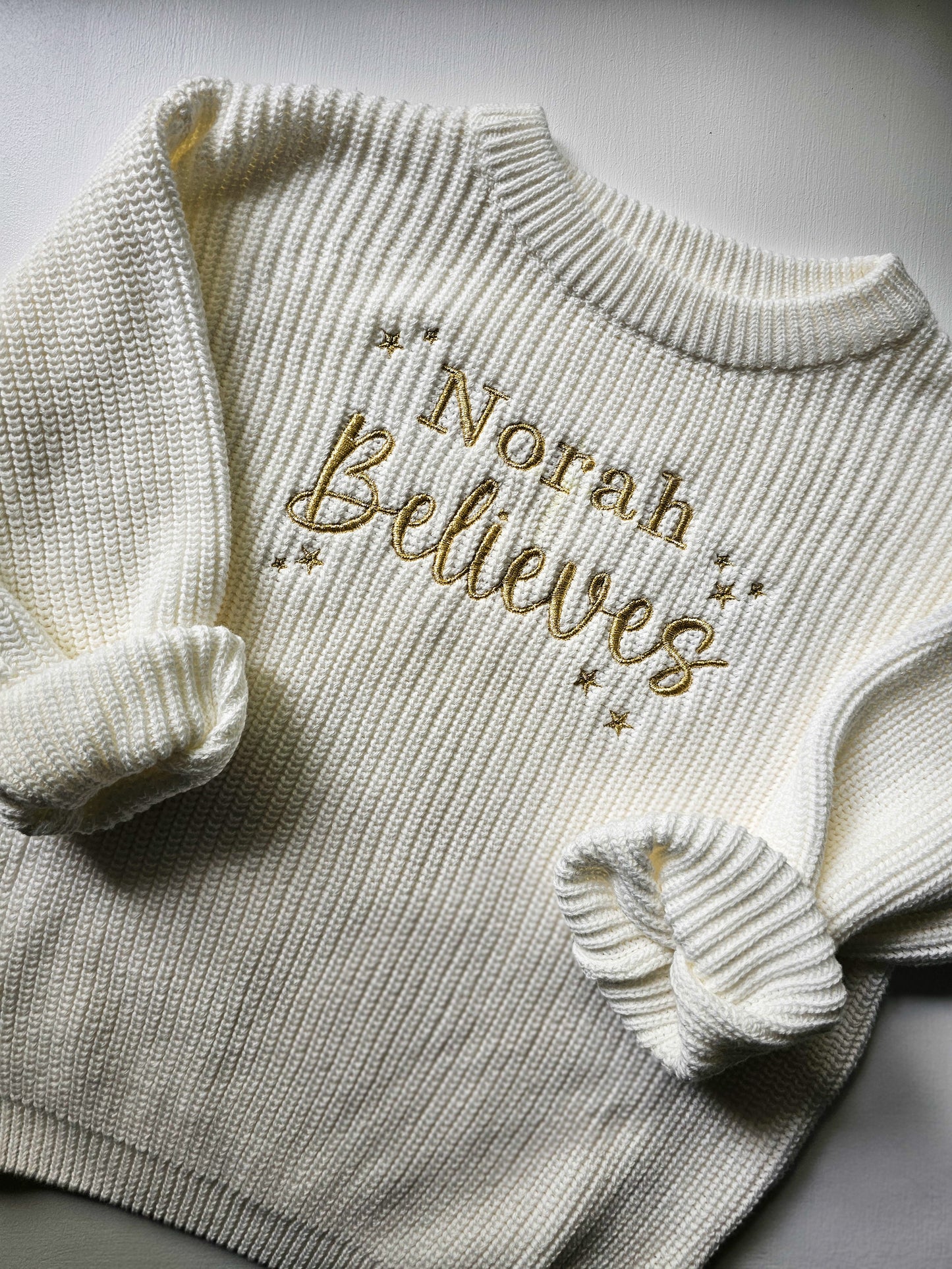 Personalised Children’s Knitted Christmas Jumper | Embroidered “Believe” | Custom Name Festive Gift UK | Christmas Gift UK
