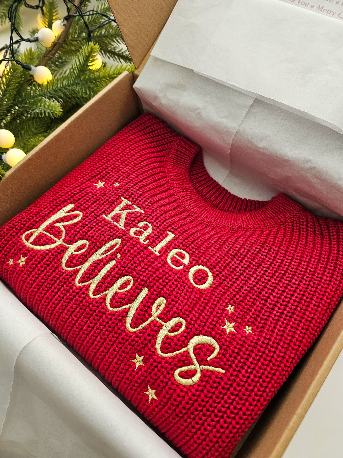 Personalised Children’s Knitted Christmas Jumper | Embroidered “Believe” | Custom Name Festive Gift UK | Christmas Gift UK