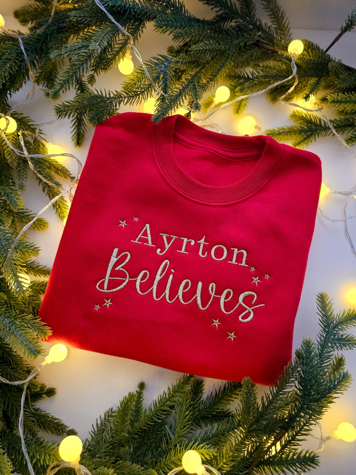 Personalised Children’s Christmas Jumper | Embroidered “Believe” Crew Neck | Custom Kids Christmas Gift UK