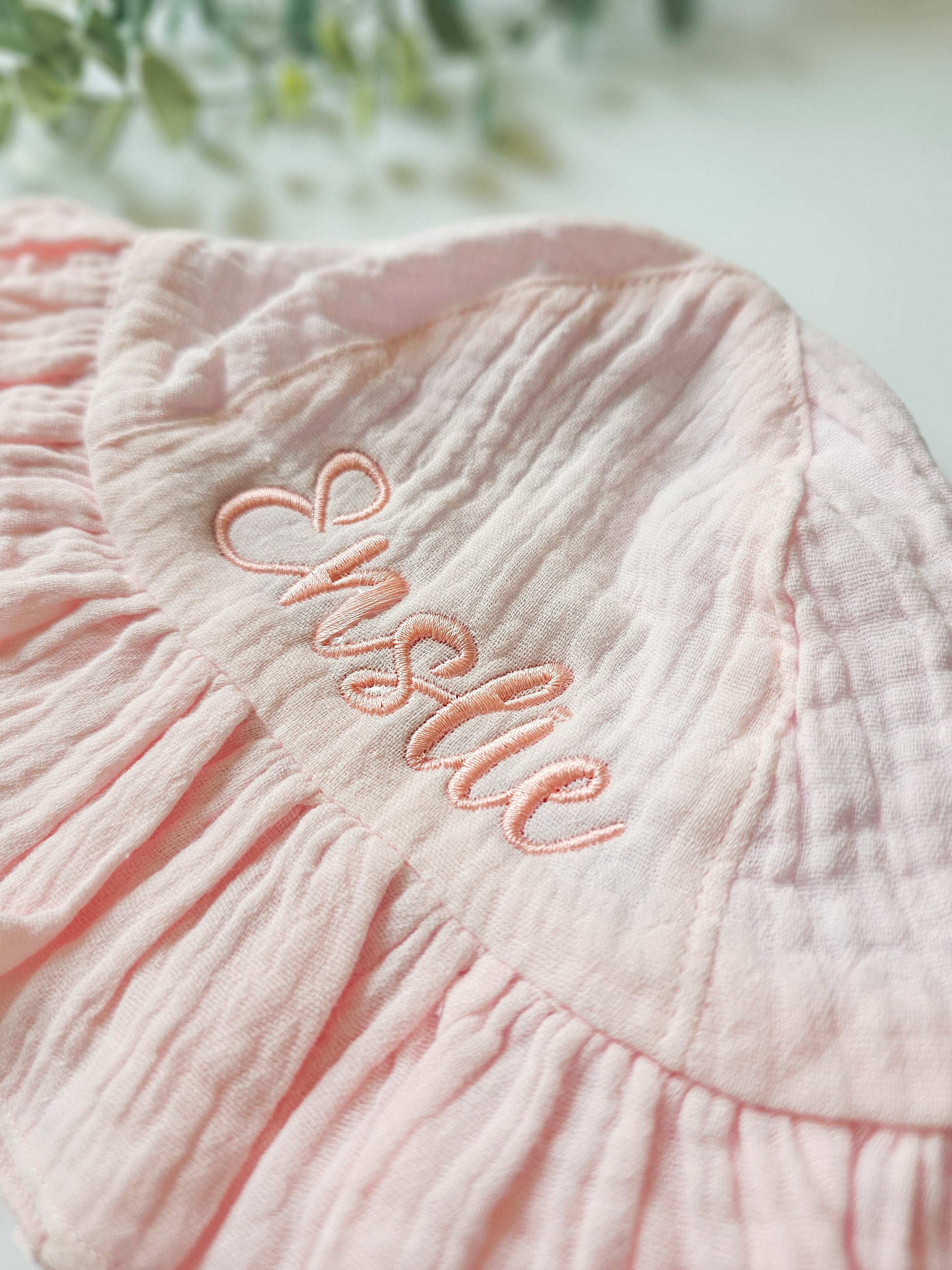 pink baby sun hat, personalised embroidered with baby's name in matching pink thread