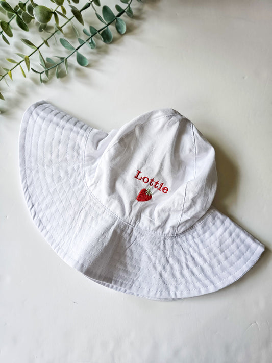 Children/toddler Sun hat, personalised with child's name and cute strawberry design.