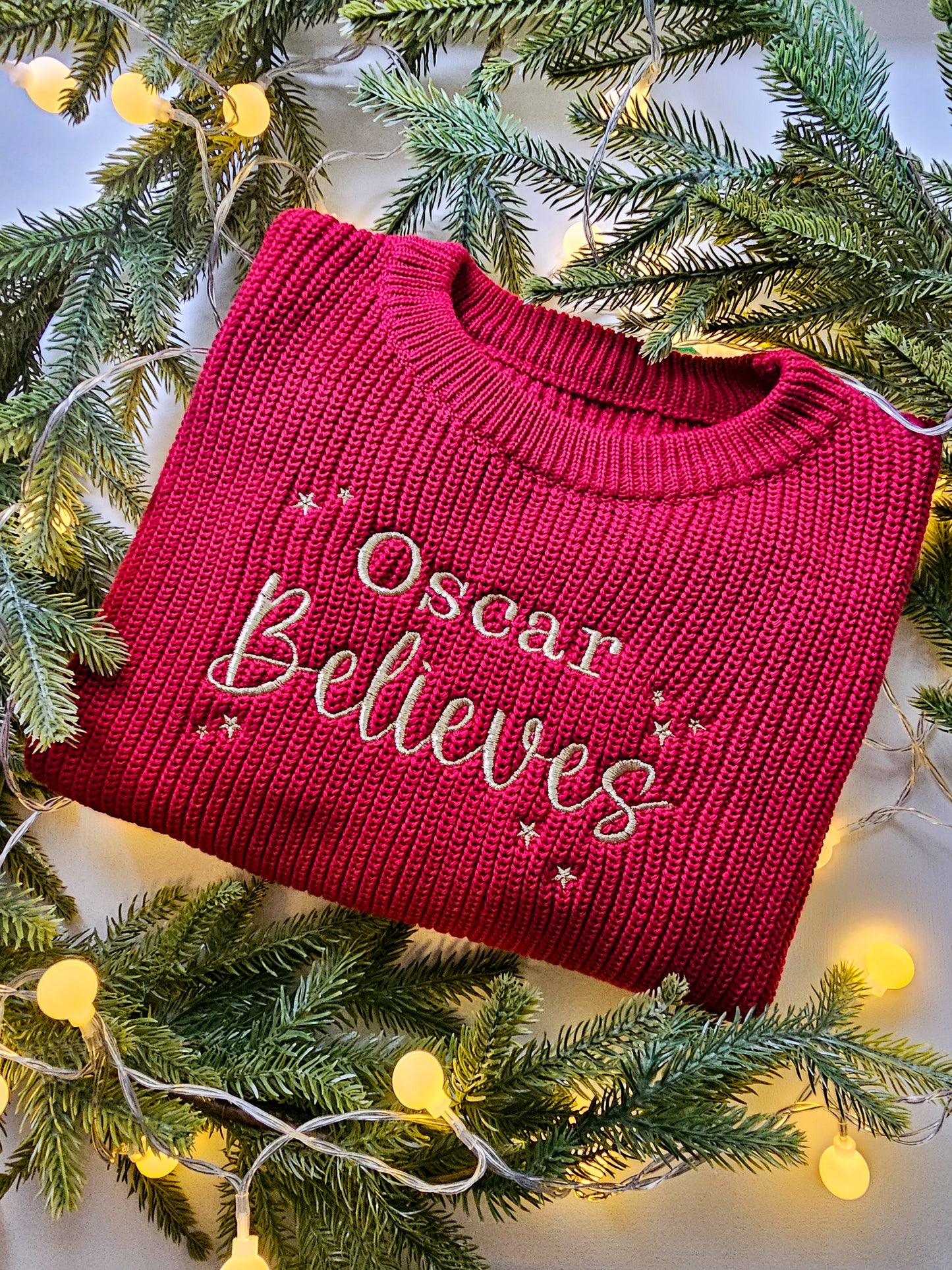 Personalised Children’s Knitted Christmas Jumper | Embroidered “Believe” | Custom Name Festive Gift UK | Christmas Gift UK