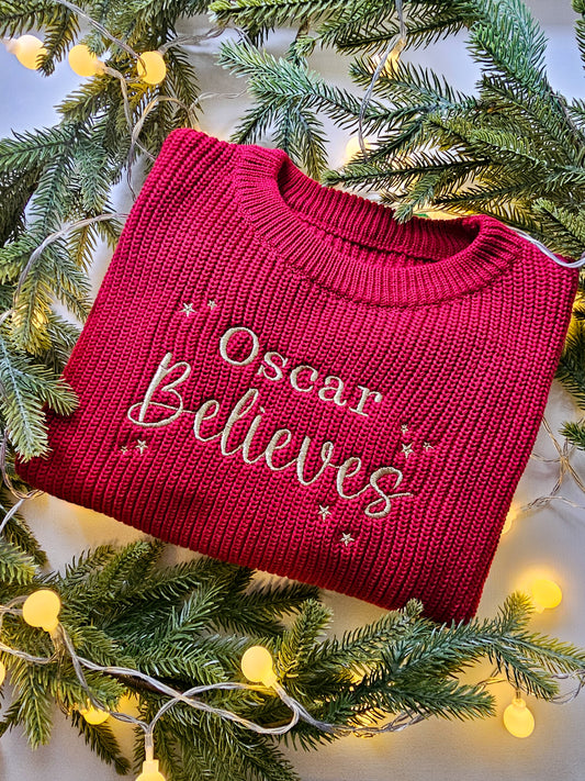 Personalised Children’s Knitted Christmas Jumper | Embroidered “Believe” | Custom Name Festive Gift UK | Christmas Gift UK