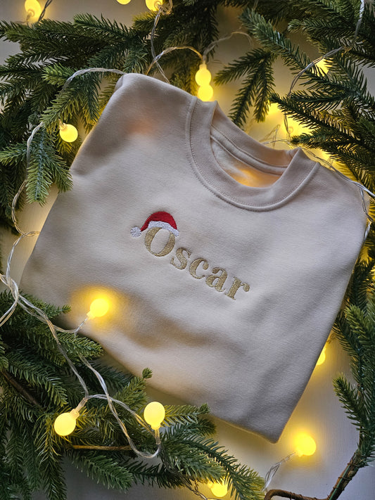 Personalised Children’s Christmas Jumper | Embroidered Name with Santa Hat | Custom Festive Jumper UK