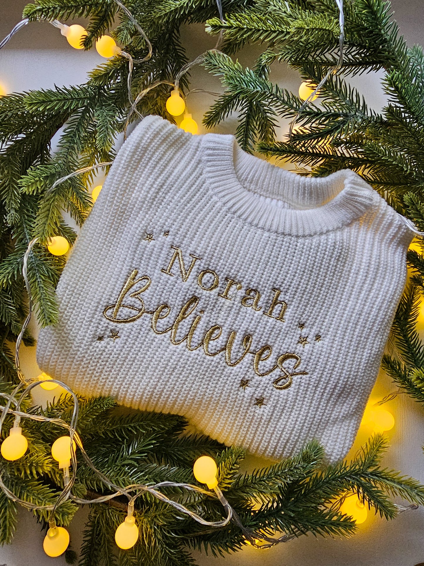Personalised Children’s Knitted Christmas Jumper | Embroidered “Believe” | Custom Name Festive Gift UK | Christmas Gift UK