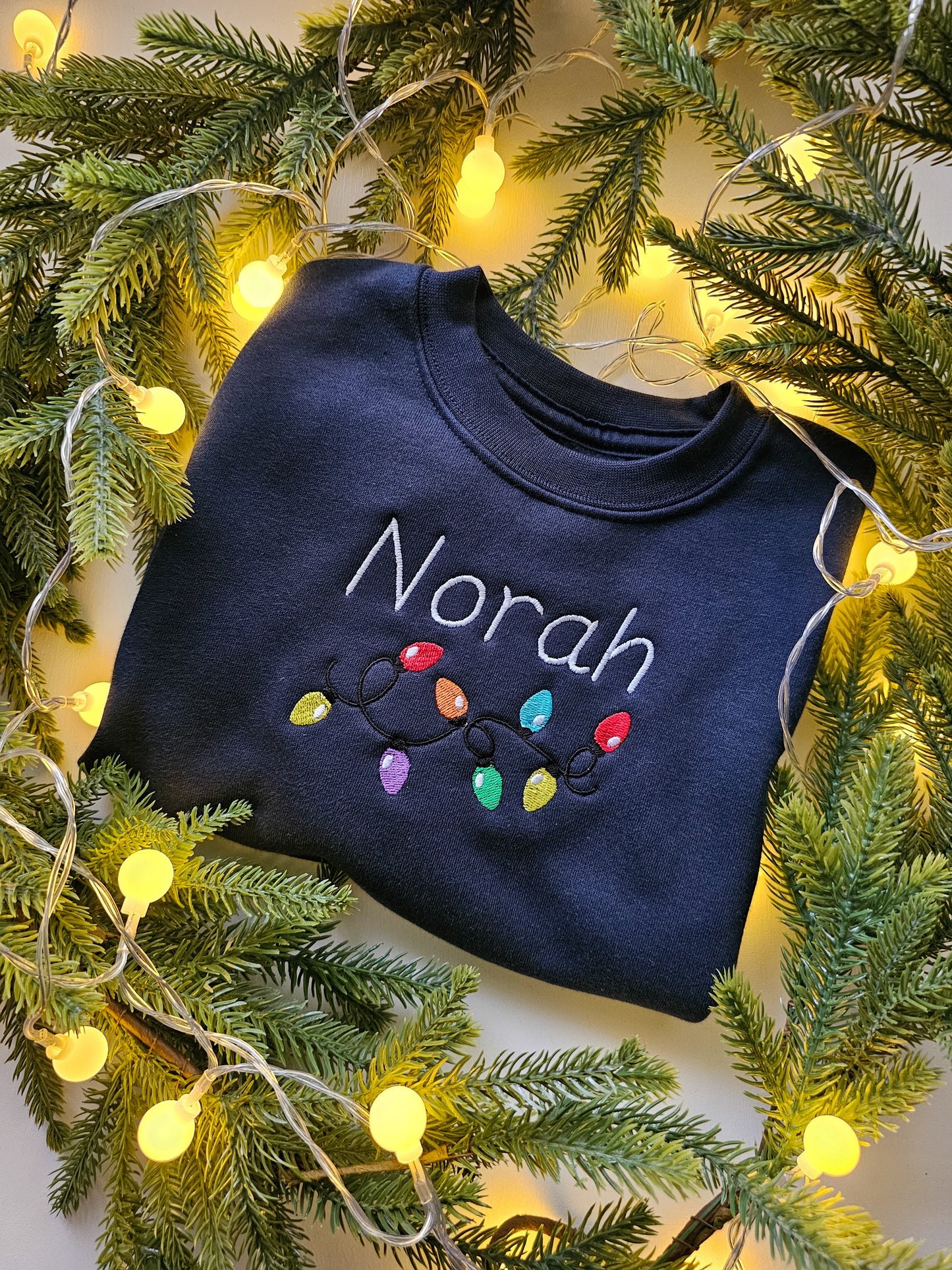 Personalised Children’s Christmas Jumper | Embroidered Name & Christmas Lights | Custom Festive Gift UK